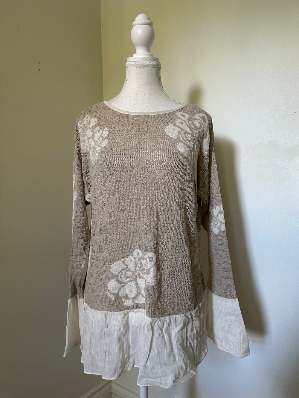 STYLE & CO Beige Knit Linen Cotton Floral Boho Lightweight Sweater Medium